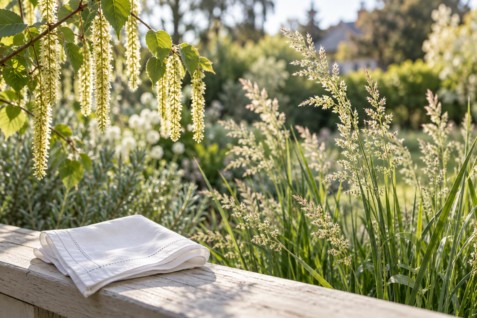 Spring grasses and catkins beside a folded white handkerchief