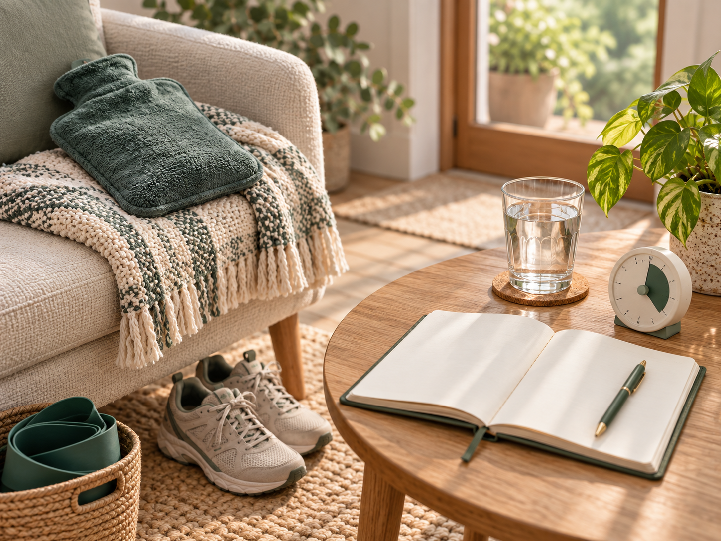 A practical pain-management setting with a journal and timer on a table, a hot-water bottle on a chair and walking shoes on the floor