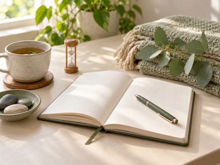 Open journal, herbal tea and a breathing timer in a calm sunlit setting