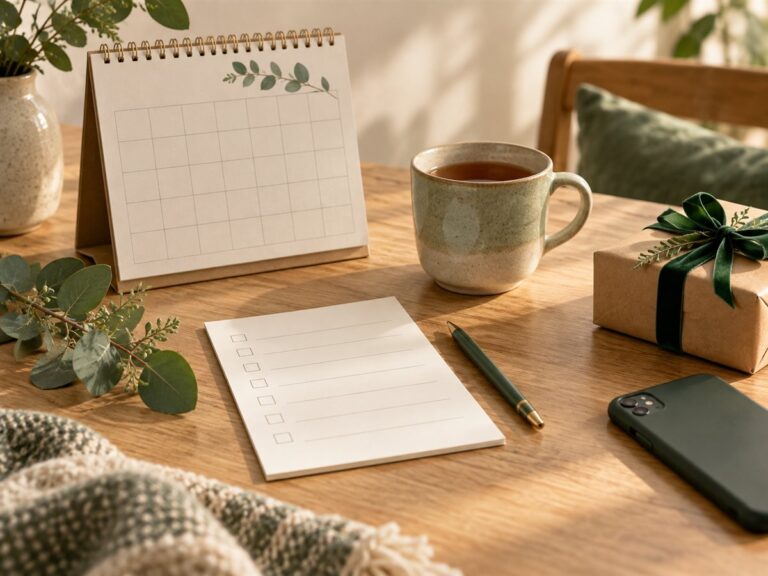 A blank calendar, simple checklist, tea, wrapped gift and phone arranged for a calmer holiday season