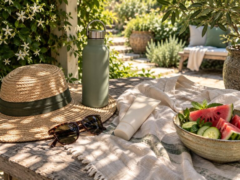 Water bottle, sun hat, sunglasses, sunscreen and summer fruit arranged in garden shade