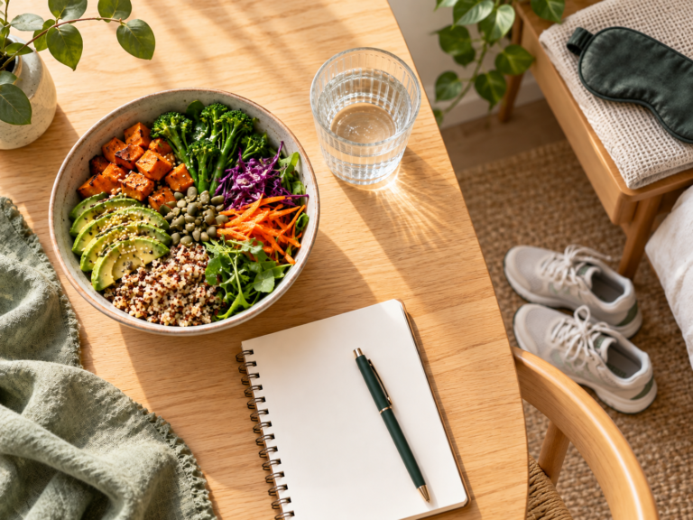 A balanced meal, water and planning notebook on a table, with walking shoes on the floor and a sleep mask on a separate chair