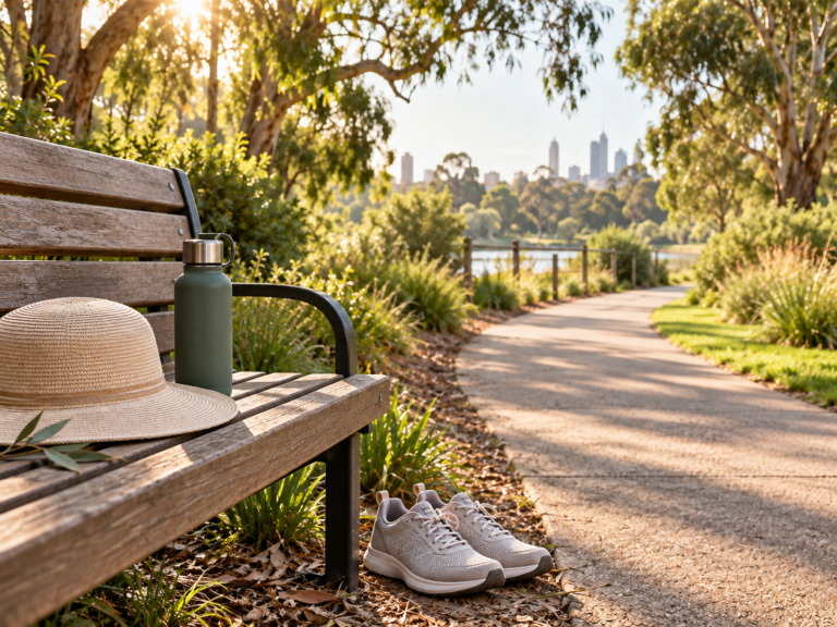 Walking shoes on the ground beside a shaded park bench with a sunhat and water bottle overlooking a walking path