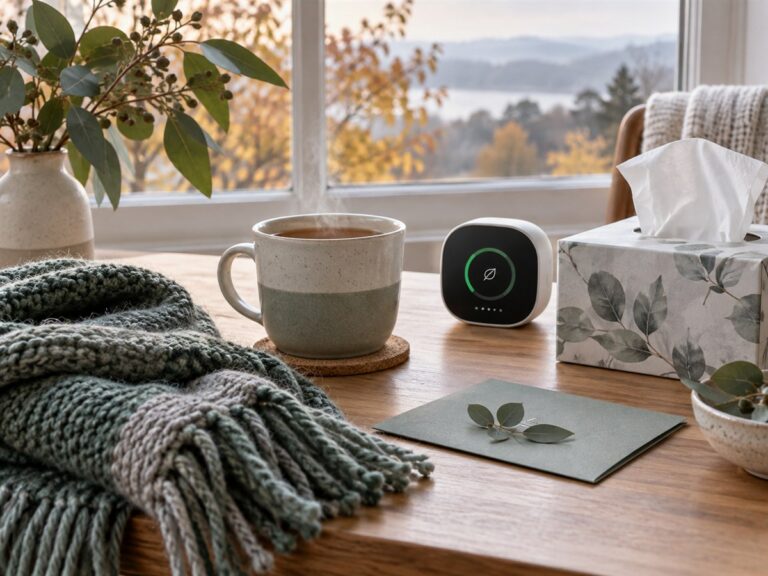 Warm tea, scarf and air-quality monitor beside a window in cool autumn weather