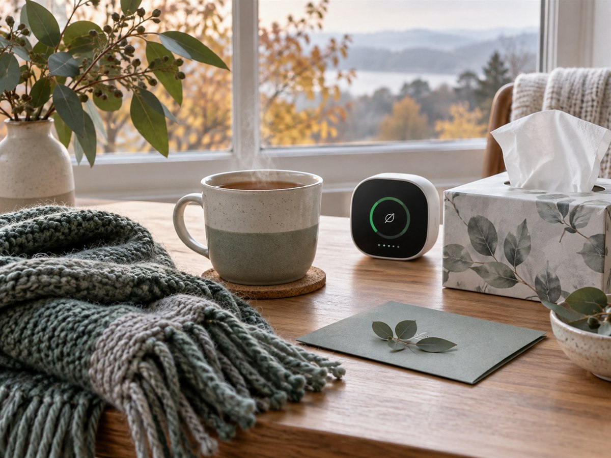 Warm tea, scarf and air-quality monitor beside a window in cool autumn weather