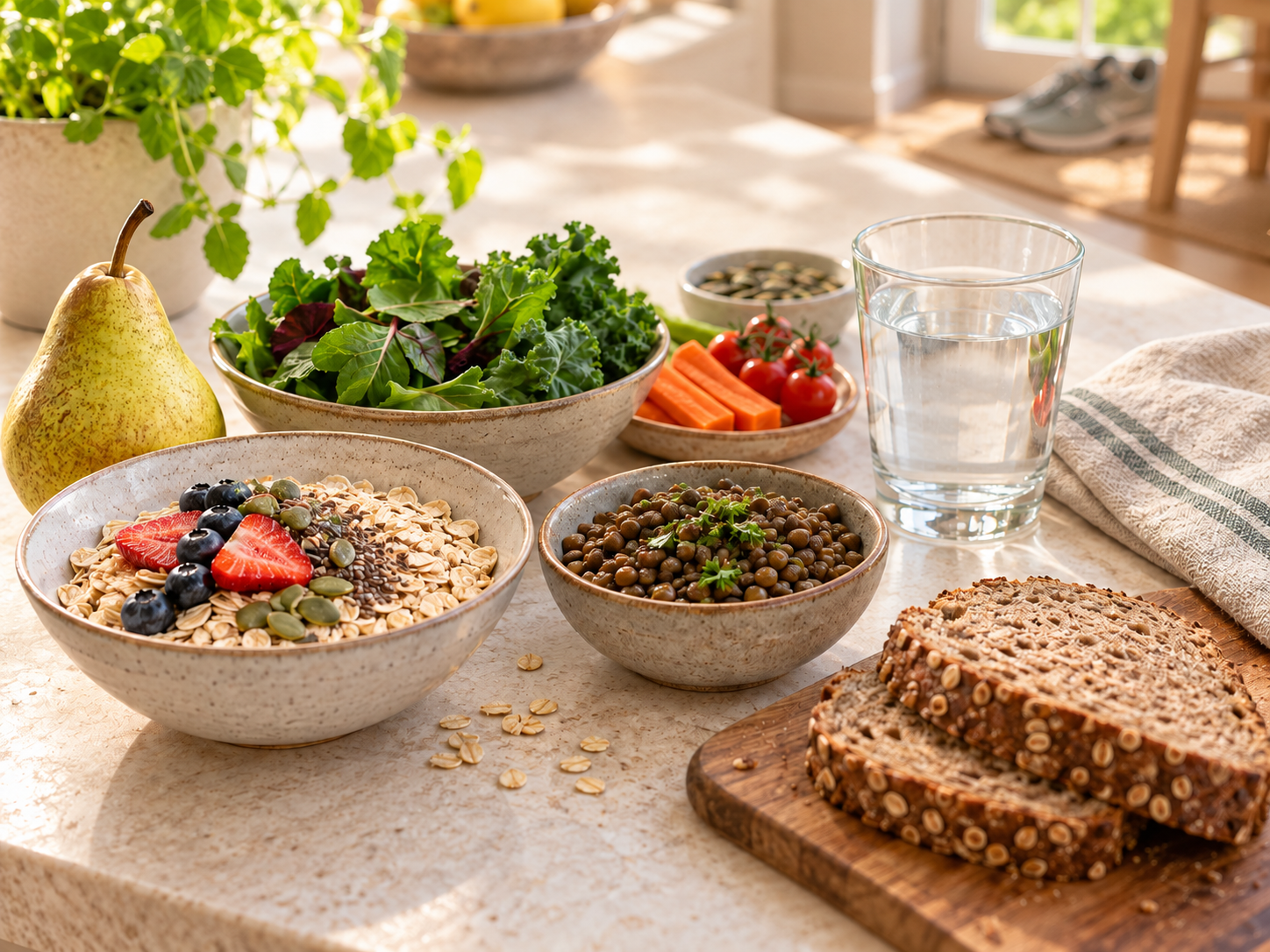 A selection of fibre-rich foods and water on a clean kitchen counter with one pair of walking shoes on the floor in the background