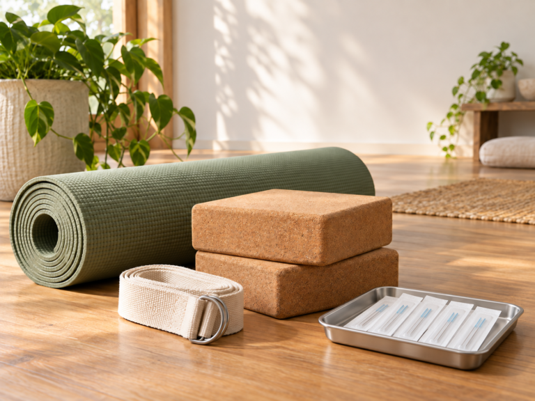 Yoga mat, cork blocks and stretching strap beside sealed sterile acupuncture needle packets on a separate clinical tray