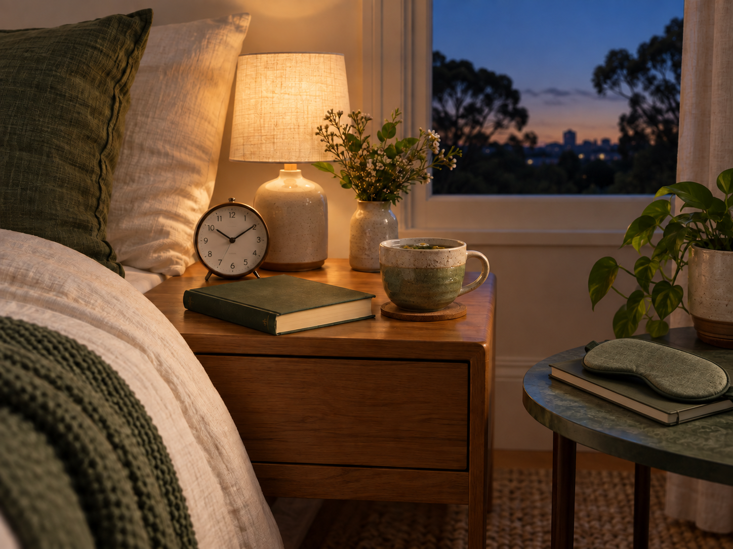 A calm evening bedroom with a clock, book, warm drink and sleep mask arranged for a practical bedtime routine