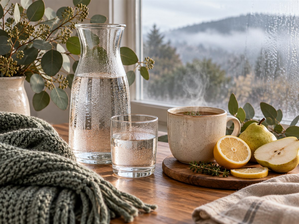 Water, warm tea and fresh fruit beside a misty window in cool weather