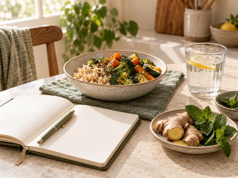 Balanced meal, water and an open journal for noting digestive patterns