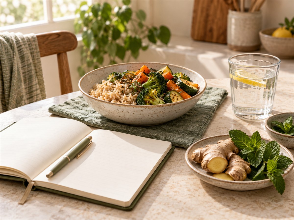 Balanced meal, water and an open journal for noting digestive patterns