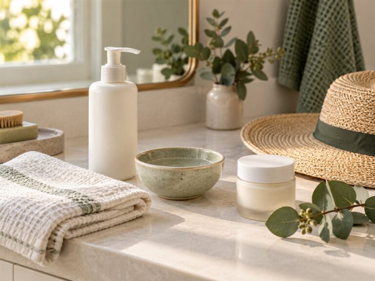 Unbranded gentle skincare products, clean towels and a sun hat in soft daylight