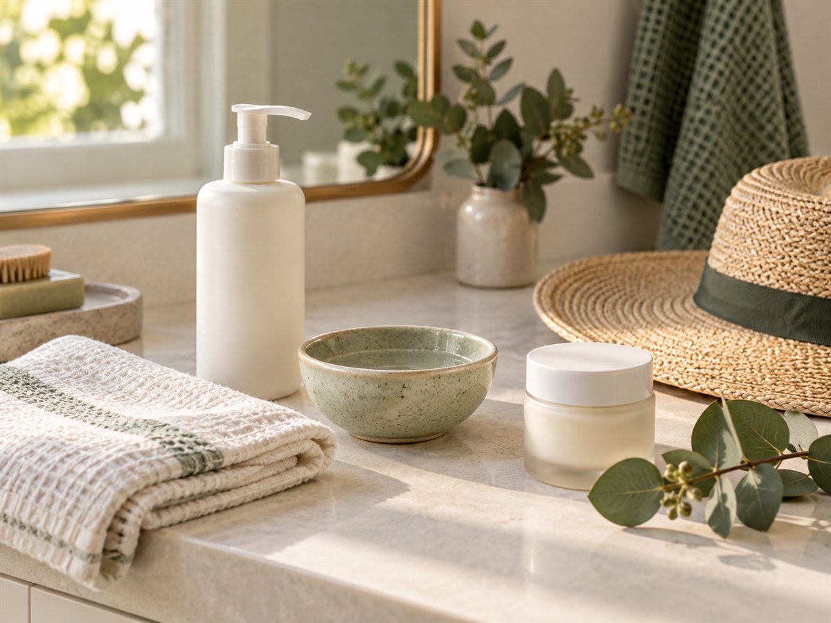 Unbranded gentle skincare products, clean towels and a sun hat in soft daylight
