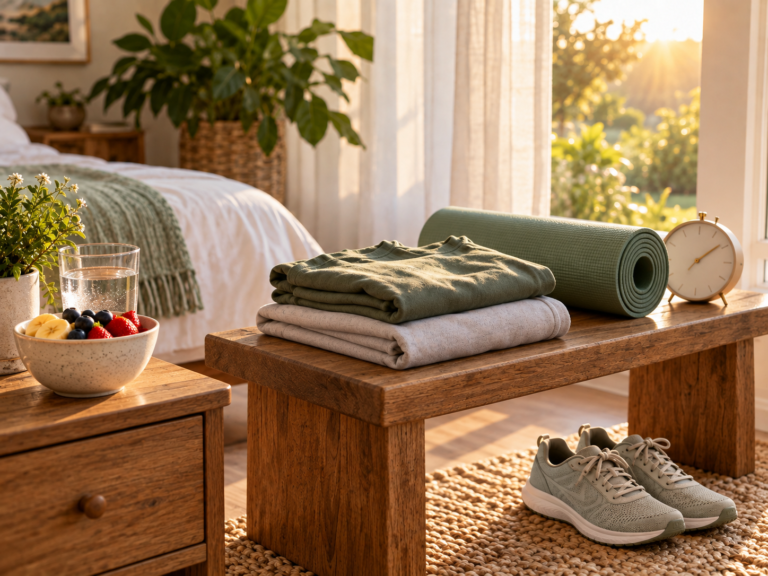 A calm morning routine with exercise clothes and a yoga mat on a bench, breakfast on a side table and walking shoes on the floor