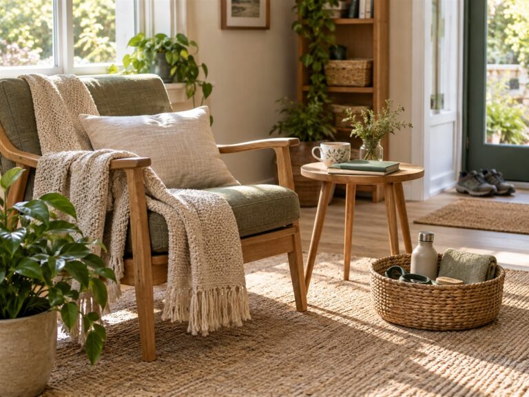 A calm sunlit home corner with a comfortable chair, tea and neatly arranged everyday items