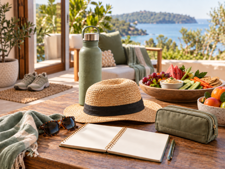 Holiday routine essentials with one pair of walking shoes on the floor and food, water and travel items arranged on a table