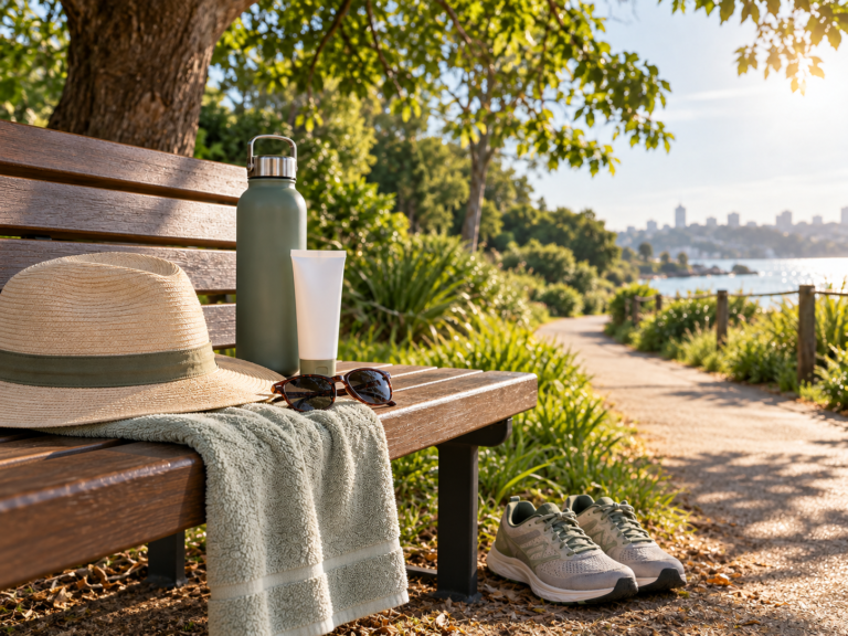 Sports shoes on the shaded ground beside a park bench holding a sunhat, water bottle, sunscreen, sunglasses and towel