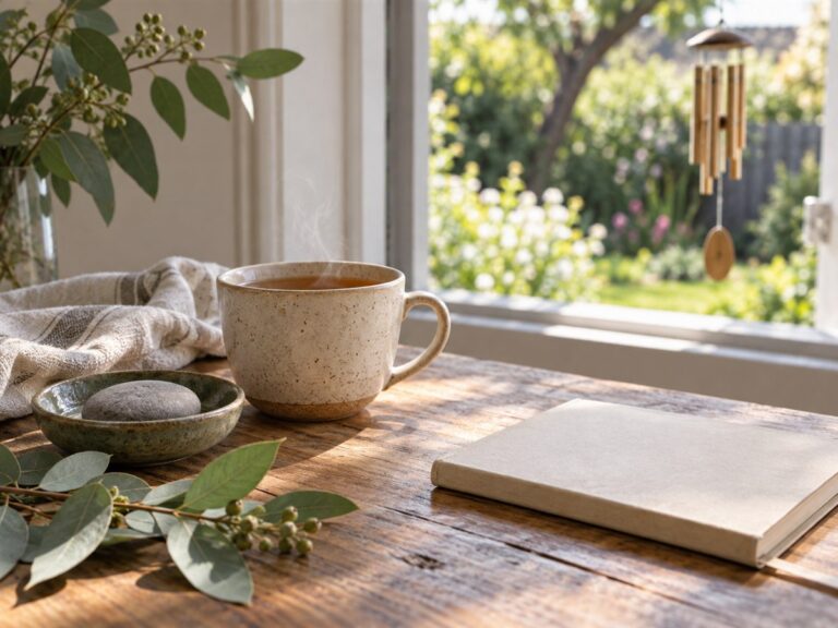 Tea, a smooth stone and a notebook beside an open window and garden