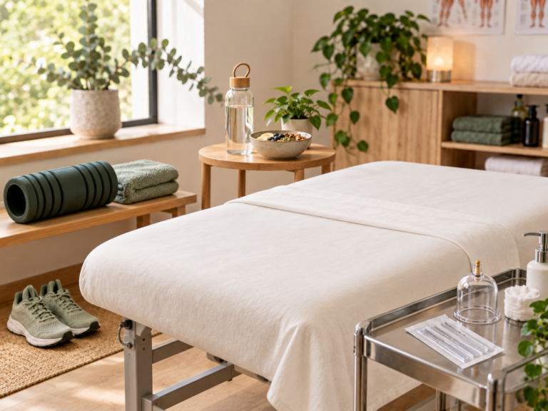 Exercise recovery room with sports shoes on the floor, recovery equipment on a bench, and acupuncture and cupping tools on a clinical trolley