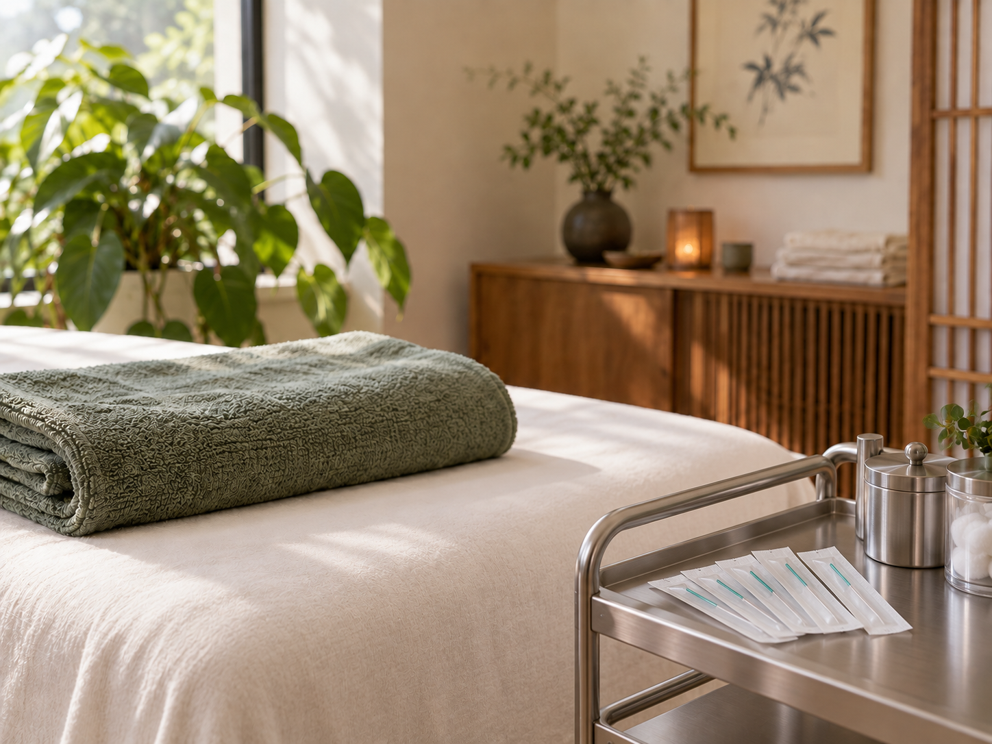 A professionally prepared acupuncture room with sealed sterile needle packets on a clinical trolley beside a clean treatment table