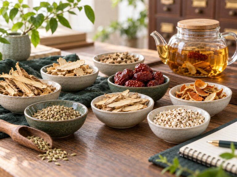 Chinese herbal ingredients arranged in bowls beside a warm infusion and consultation notebook