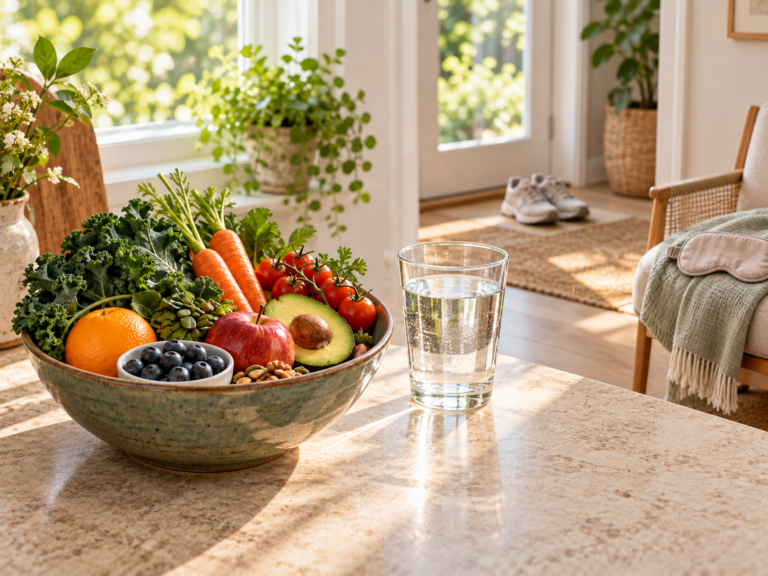 Fruit, vegetables and water on a clean table with walking shoes near the doorway and a sleep mask on a separate chair