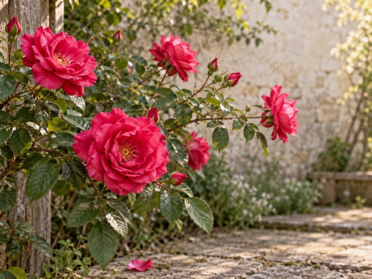 Deep pink Rosa chinensis flowers and buds growing in soft morning light