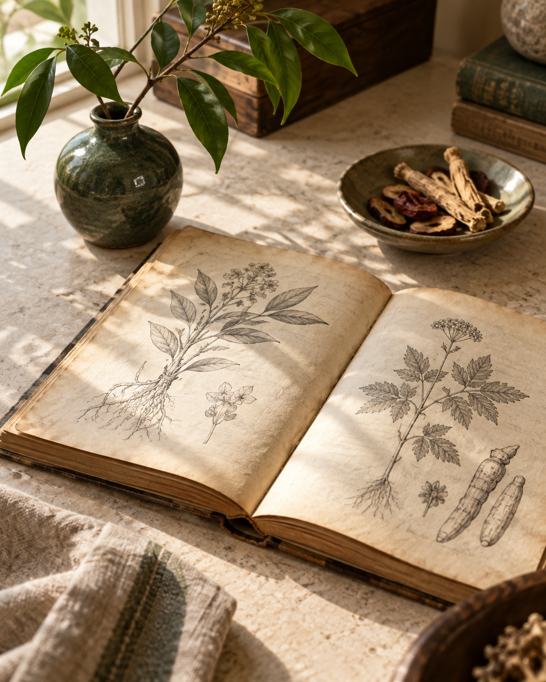 Sunlight on an open botanical book beside a leafy branch and dried herbs