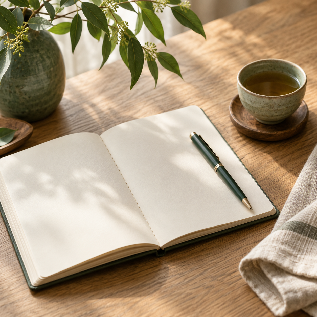 An open notebook and green pen beside a cup of tea in natural light