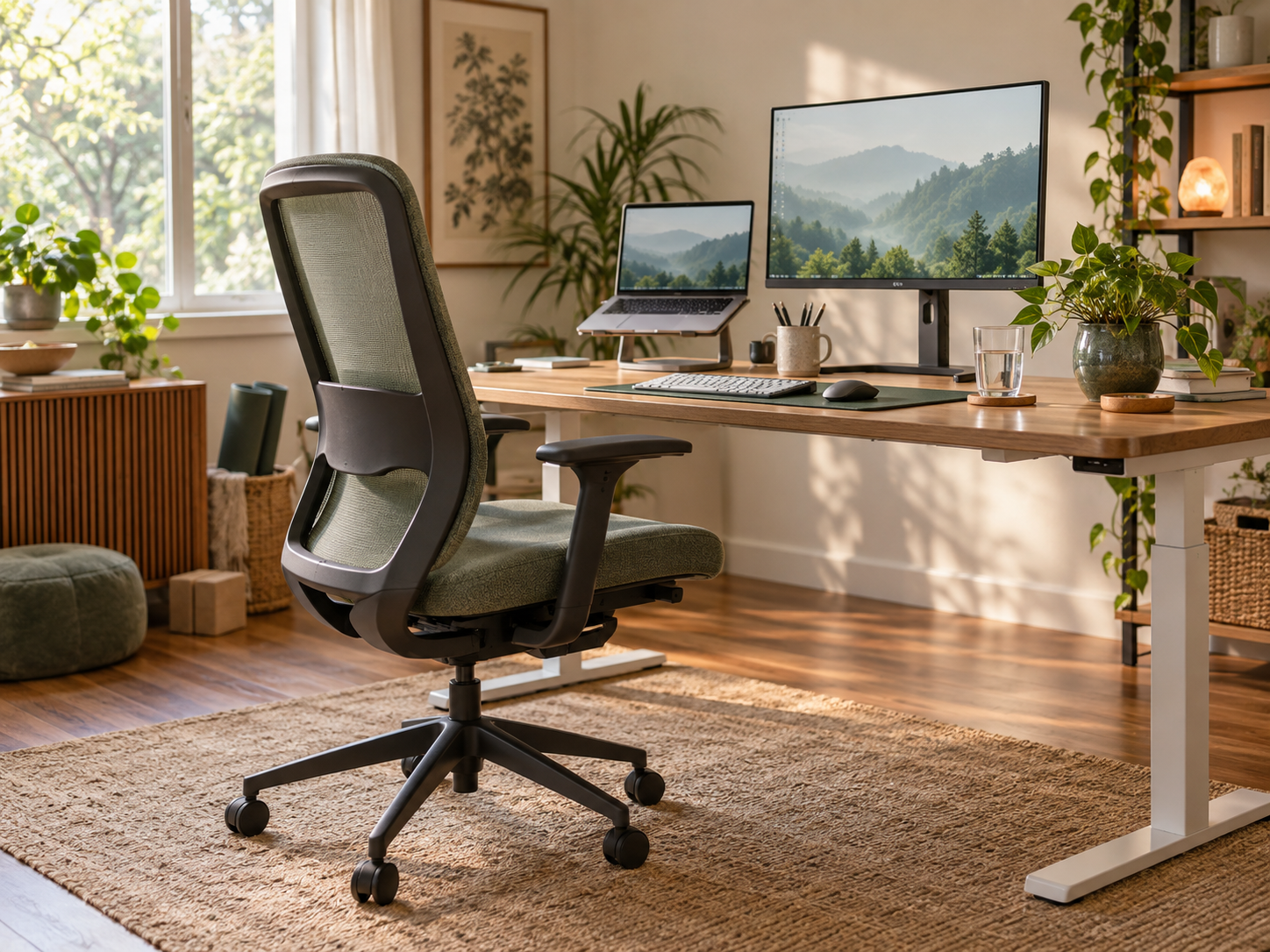 An adjustable chair, raised laptop, monitor, keyboard, plant and water in a bright home office