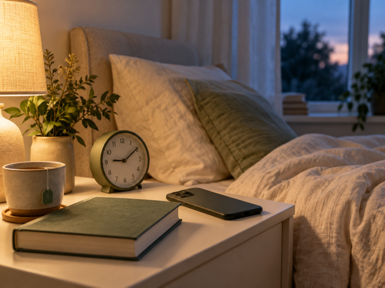 A phone placed face down beside a book, alarm clock and tea in a calm bedroom at dusk