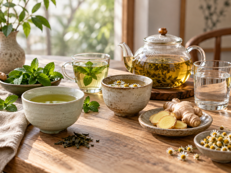 Green tea, peppermint, chamomile, ginger and water arranged on a timber table
