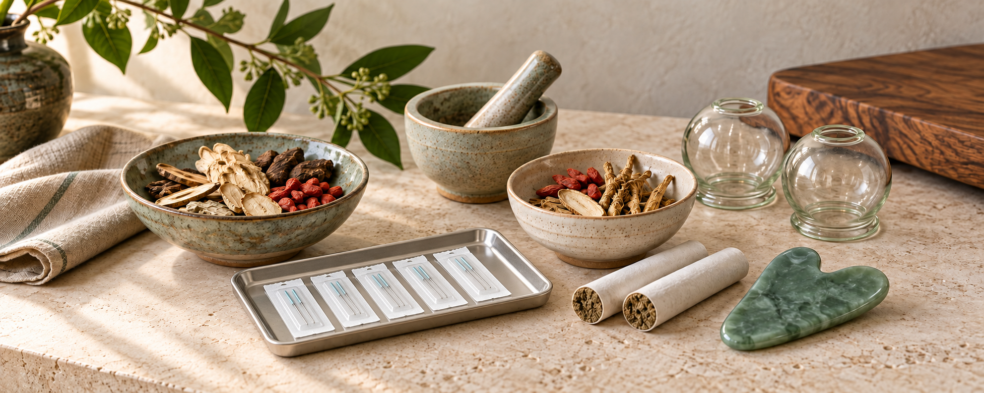 Chinese herbs, clean glass cupping cups, sealed sterile acupuncture needle packets, unlit moxa rolls and a green jade gua sha tool
